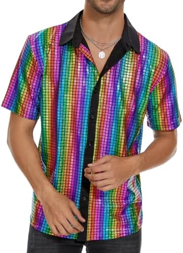 Men's Multicolour 70s Disco Shirt, Sequin Button-Up for Party, S, Multicolour