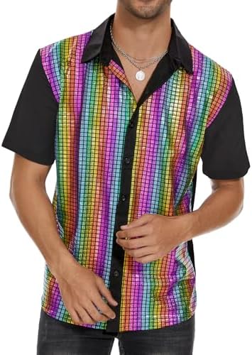 Men's Rainbow 70s Disco Shirt, Sequin Button-Up for Party Outfits, XL
