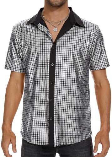Men's Silver 70s Disco Shirt, Sequin Button-Up for Party Outfits, S, Silver