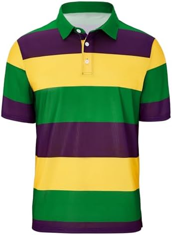 Mens Mardi Gras Shirt Short Sleeve Polo Shirts for Men Striped Mardi Gras Outfits for Men Mardi Gras Golf Rugby Shirt Mardi Gras Costumes for Holiday Party Purple-Green-Yellow Shirt Large