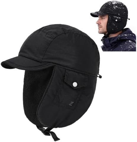 Mens Winter Hat with Ear Flaps, Fleece Lined Hat with Brim