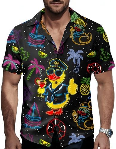 Neon Shirts for Men, Funny Button Down Rave Outfit, Rubber Duck, 2XL