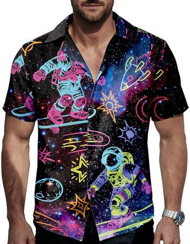 Neon Shirts for Men, Funny Button Down Rave Outfit, Universe, Neon Universe