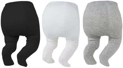 Newborn Baby Girl Tights 0-6 Months Cable Knit Cotton Leggings 3Pack, Black / White / Grey
