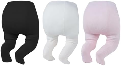 Newborn Baby Girl Tights 0-6 Months Cable Knit Cotton Leggings 3Pack, Black / White / Pink