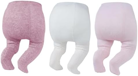 Newborn Baby Girl Tights 6-12 Months Cable Knit Cotton Leggings 3Pack, White / Pink / Purple