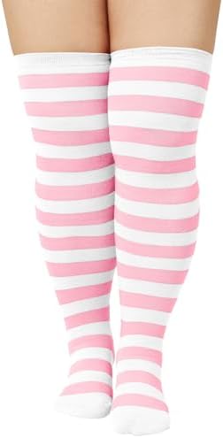 Plus Size Womens Thigh High Socks Over the Knee Socks Pink White
