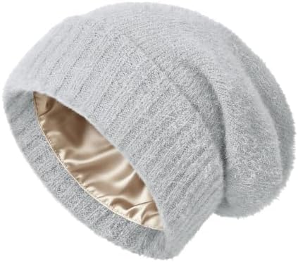 Satin Lined Slouchy Beanie, Hair Care Winter Hat, Light Gray