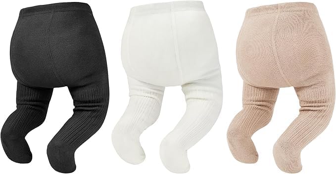 Tights for Toddlers 2-4T Cable Knit Cotton Leggings 3Pack, Black / White / Khaki