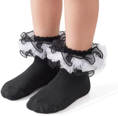 Toddler Ruffle Socks for Girls, Baby Lace Frilly Socks, Black, 1T-3T
