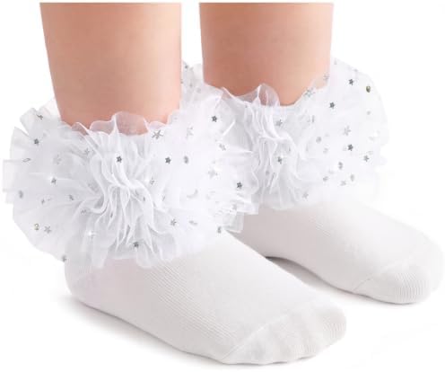 Toddler Ruffle Socks Girls 1-3T White Sparkle Lace Frilly Tutu Socks