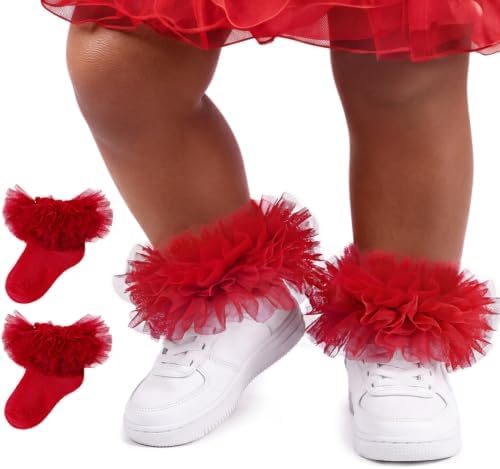 Toddler Ruffle Socks Girls 2T-3T Lace Frilly Dress Tutu Socks, Red