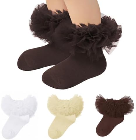 Toddler Ruffle Socks Girls 4T-5T Frilly Lace Socks White Khaki Brown