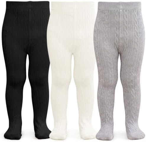 Toddler Tights 2-4T Cable Knit Girls Thick Cotton Stockings, White / Black / Grey