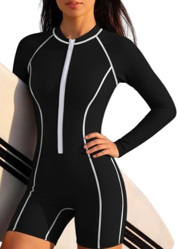 UPF 50+ Long Sleeve Rash Guard Bathing Suit for Women, Black, S