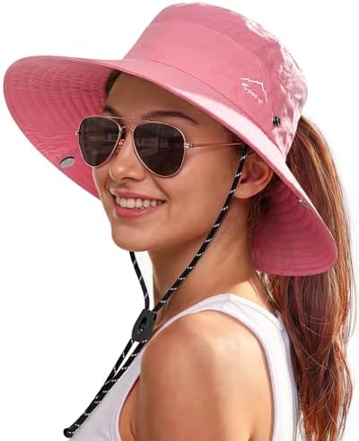 UPF 50+ Wide Brim Sun Hat for Women with Ponytail Hole, Pink