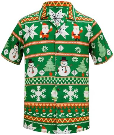 Vintage Button Down Short Sleeve Shirt Big and Tall Hawaiian Shirt for Men Fun Printed Outfit Christmas Costume Family Christmas Clothes Top Green Santa Claus X-Large, Green Santa Claus