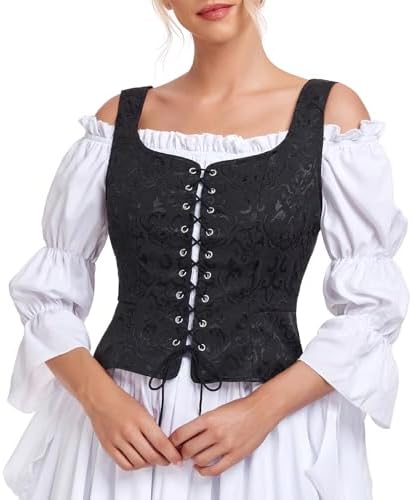 Women Black Jacquard Vest Steam Punk Corset Top Jacquard, Black