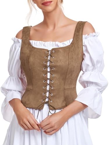 Women Plus Size Brown Pirate Corset Vest Medieval Top, Brown