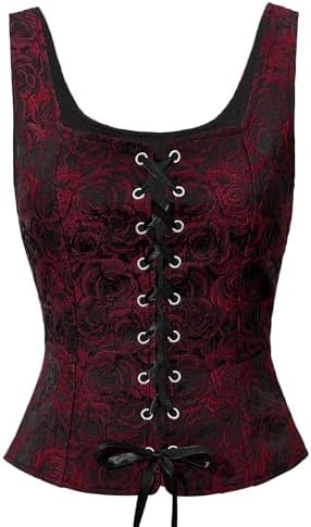 Women Red and Black Corset Victorian Vest Halloween Black Red Roses, Black Red Roses