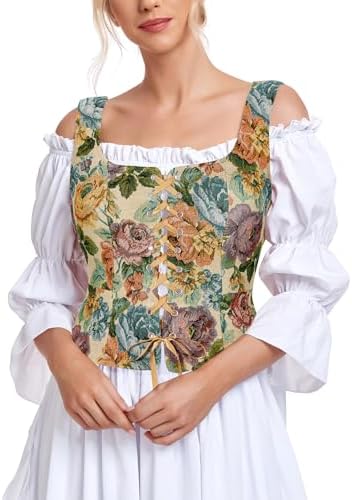 Women Renaissance Corset Medieval Vest Pirate Women Goth Steampunk Top Viking Costume Bodice Suede Vest Sexy Lace Up Sleeveless Corsets Halloween Cosplay Costume Green Renaissance, Floral