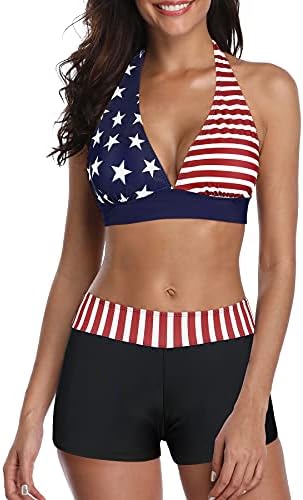 Women's Bikini Swimsuits For Women Two Piece Bathing Suits Push Up Bikini Top with Boyshort Athletic Swimwear Ladies Swimsuits Bikinis B American Flag M (fits US 6-8)