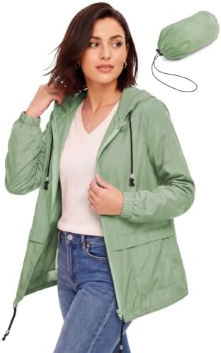 Women's Rain Jacket, Packable Hooded Raincoat, Sage Green L