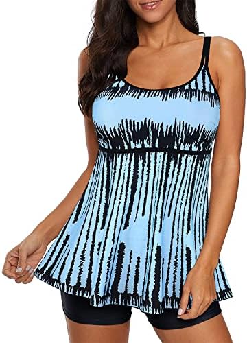 Women's Sky Blue Graphic Print Plus Size Tankini Swimsuit with Boyshort